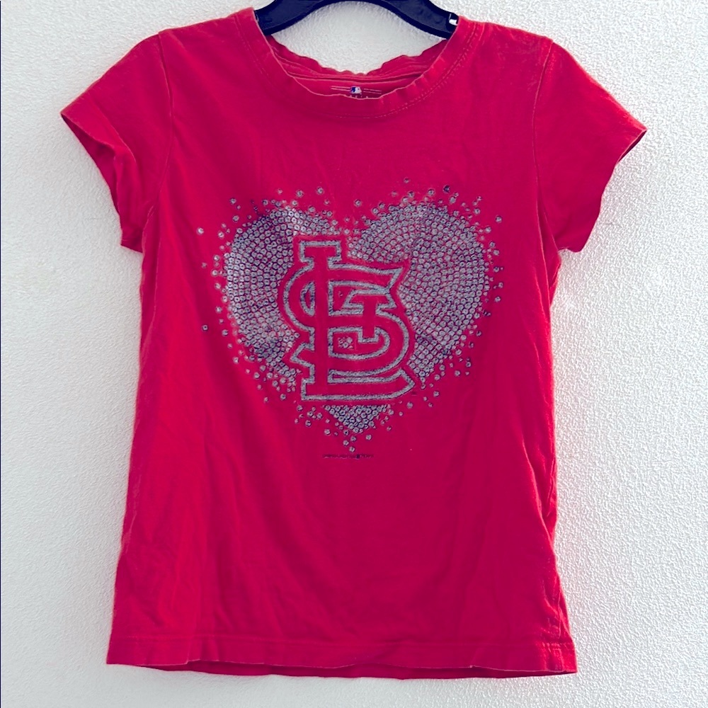 🌺 St Louis Cardinals Red Kids T-Shirt with Glitter Heart Design Size 6/6X